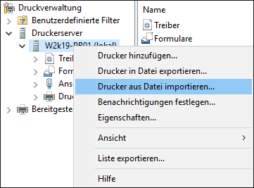 Auswahl des Menüpunkts »Drucker aus Datei importieren« aus dem Kontextmenü