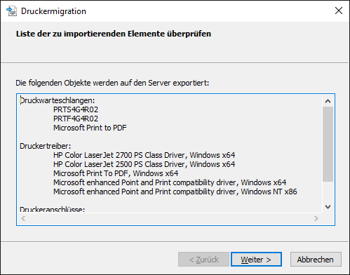 Die Liste der Drucker aus der Exportdatei wird angezeigt.