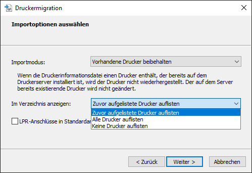 Auswahl der Importoptionen auf dem neuen Druckerserver