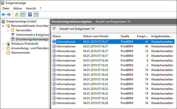 Die Druckermigrationsereignisanzeige nach dem Import der Exportdatei