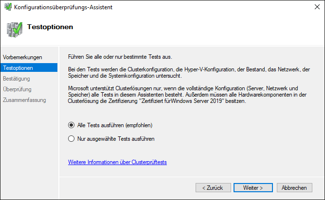 Testoptionen im Konfigurationsüberprüfungs-Assistenten