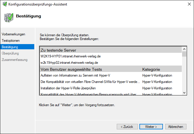 Der Konfigurationsüberprüfungs-Assistent zeigt Ihnen die Tests und die Server an.