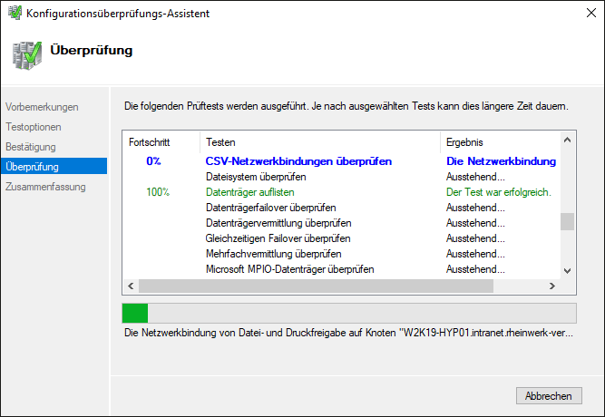 Durchführung des Failovercluster Validierungstests