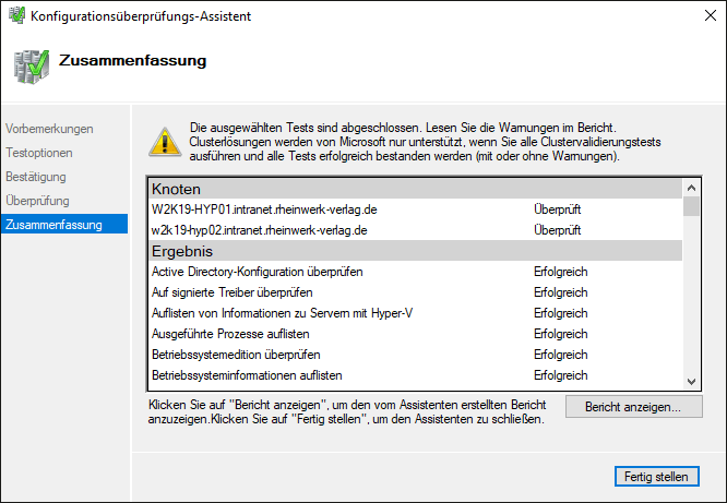 Zusammenfassung der Failovercluster-Validierung