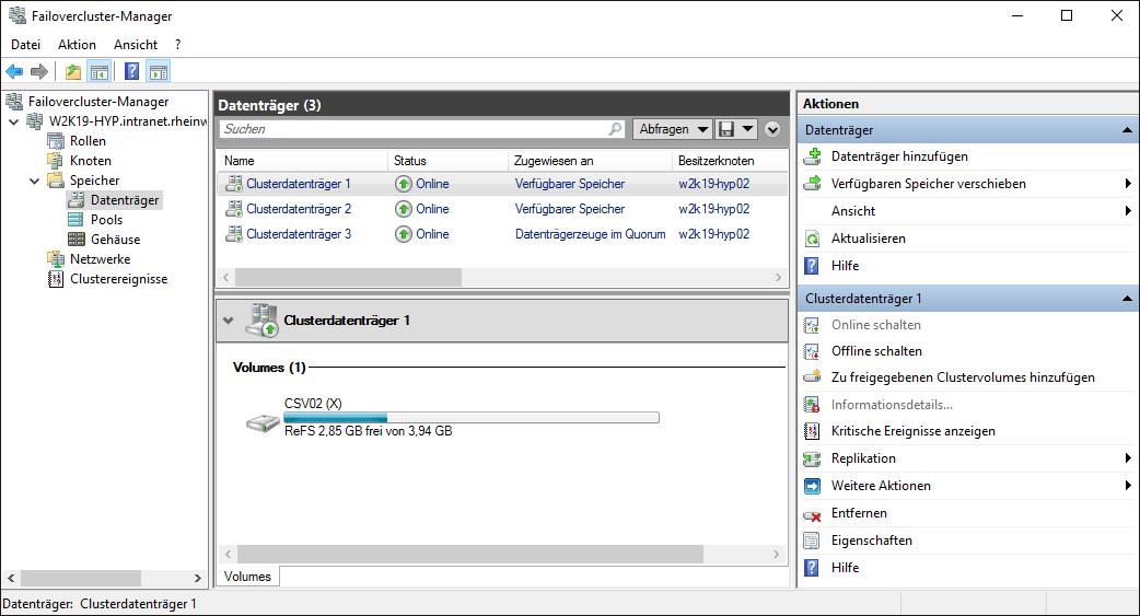 »Datenträger«-Ansicht im Failovercluster-Manager