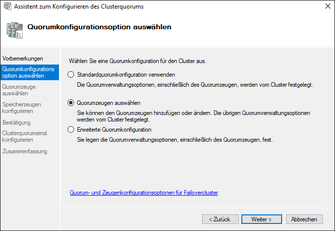 Auswahl der Quorumskonfigurationsoption
