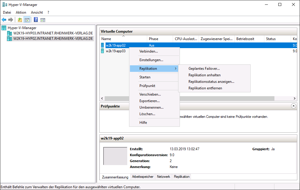 Hyper-V-Replika – das Kontextmenü »Replikation« auf dem Replika-Quellserver