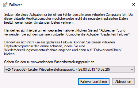 Auswahl des Wiederherstellungspunktes im Failover-Fall
