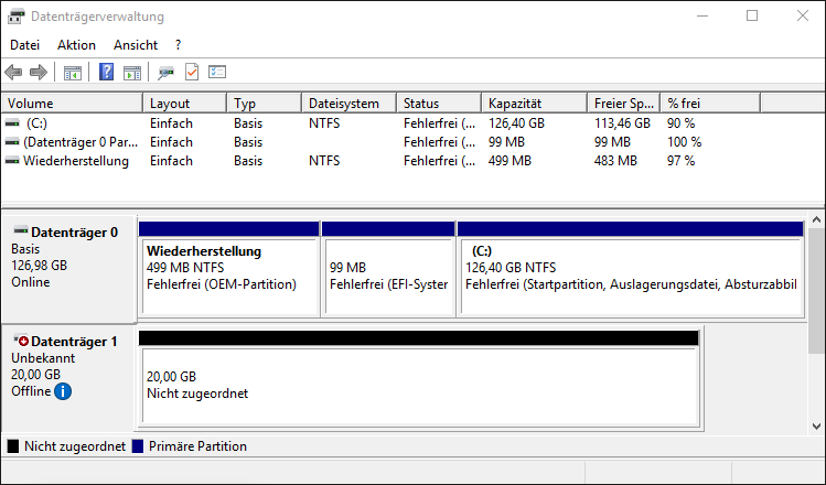 Datenträger 1 (aktuell offline und nicht initialisiert) ist über iSCSI eingebunden.