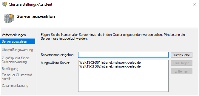 Der Clustererstellungs-Assistent – Wählen Sie die Knoten des Clusters aus.