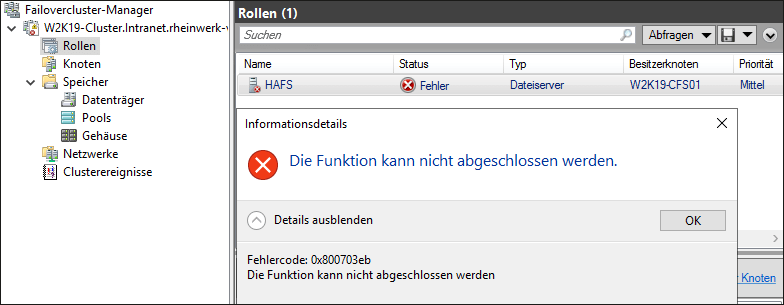 Fehlermeldung bei der Einrichtung des »Highly Available File Servers«