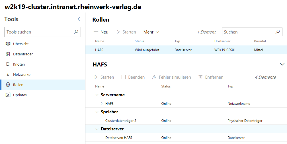 Optionen zur Verwaltung der Failovercluster-Rolle