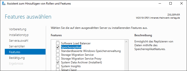 Auswahl des Features »Speicherreplikat« zur Installation