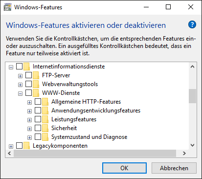 Auswahl der Features bei der Installation des IIS auf einem Client