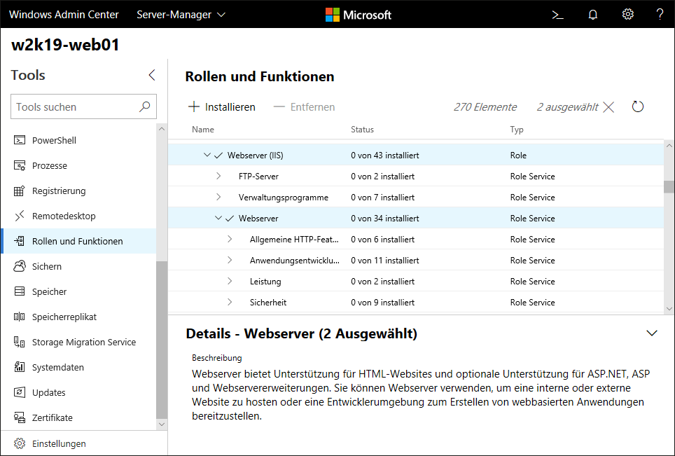 Auswahl der Rolle »Webserver« im Windows Admin Center