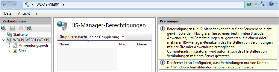 Hier wird versucht, Rechte auf Serverebene zu delegieren.