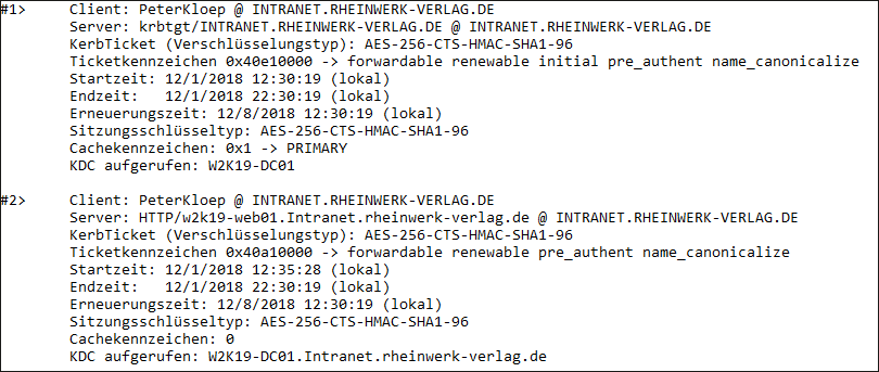 Ausschnitt aus den Kerberos-Tickets auf dem Client