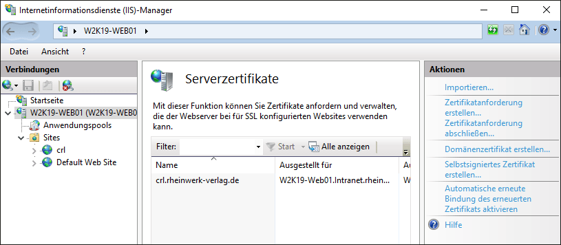 Das Feature für die Anforderung von Serverzertifikaten im IIS-Manager