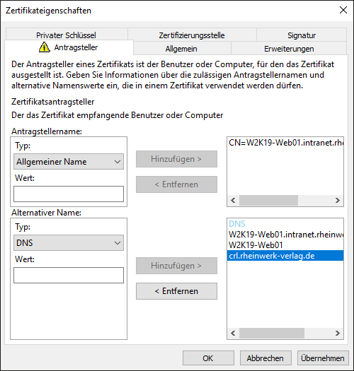 Festlegen der »Antragsteller«-Informationen und der SAN-Einträge