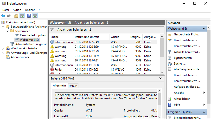 Die Ansicht der Ereignisanzeige für den Webserver (IIS)