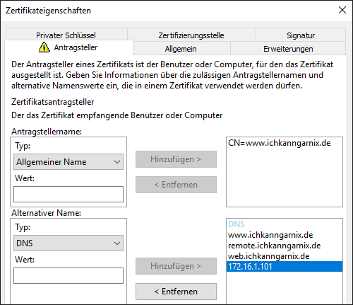 Anpassen der Anforderung mit alternativen Antragstellernamen