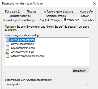 Anwendungsrichtlinien in der Codesigning-Zertifikatvorlage