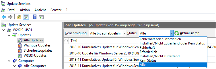 »Status«-Dropdown-Liste in der »Updates«-Übersicht