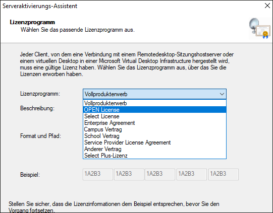 Auswahl des Lizenzprogramms