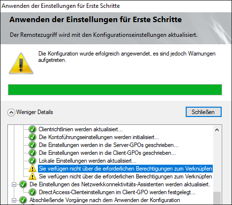 Hinweis über fehlende Rechte, die Server- und Client-GPOs mit der Domäne zu verknüpfen