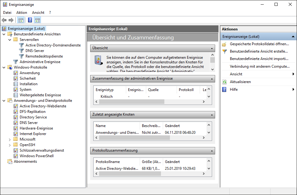 Ansicht der Ereignisanzeige eines Servers