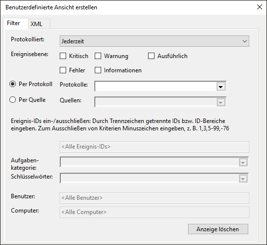 Festlegen des Anzeigefilters für ein Ereignisprotokoll