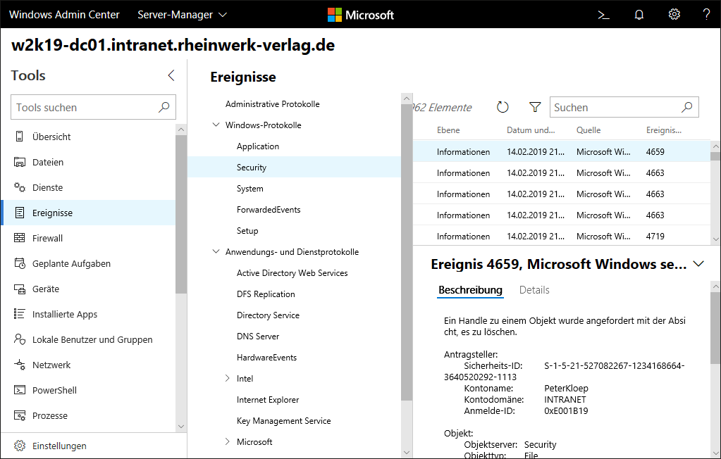 Zugriff auf die Ereignisanzeige über das Windows Admin Center