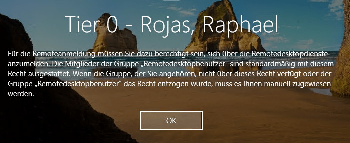 Meldung beim Versuch, sich remote mit einem ausgeschlossenen User anzumelden