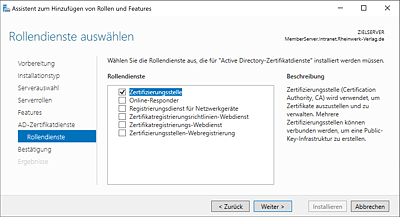 Rollendienst – Auswahl während der Installation einer Rolle