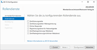 Der AD CS-Konfigurationsassistent vor der Aktivierung des Rollendienstes