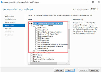 Liste der Datei-/Speicherdienste im Rolleninstallationsassistenten