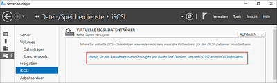 Server-Manager mit Hinweis zur Rolleninstallation