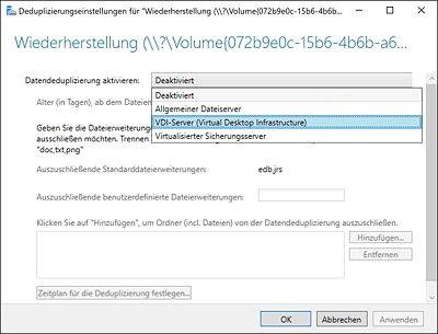 Optionen der Deduplizierung für das Volume, über den Server-Manager geöffnet