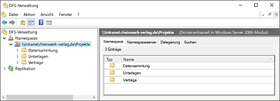 DFS-Management-Konsole mit einem DFS-Namespace namens »Projekte«