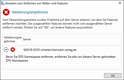 Hinweis beim Entfernen der DFS-Namespace Rolle