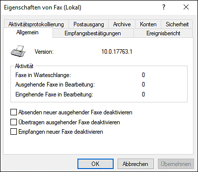 Konfigurationsmöglichkeiten der Faxdienste über die »Eigenschaften«-Seite