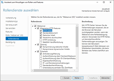 Auswahl der Rollendienste während der Konfiguration zur Webserver-Installation