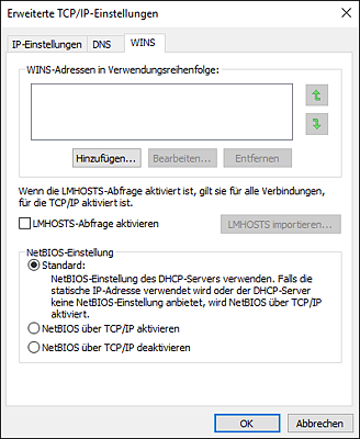 Option zum Aktivieren bzw. Deaktivieren von »NetBIOS over TCP/IP«