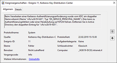 Ereignisprotokolleintrag bei einem doppelten SPN für »cifs/w2k19-fs01«