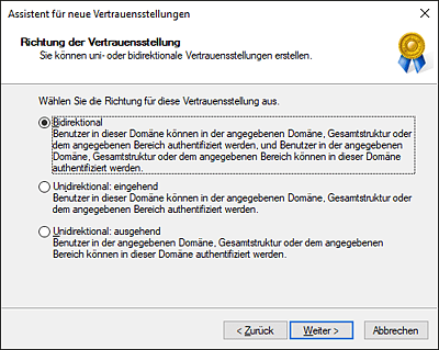Auswahl der Vertrauensrichtung innerhalb des Assistenten