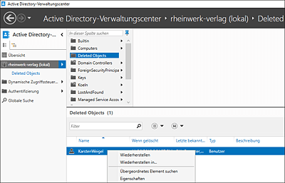 Wiederherstellung des Nutzers »Karsten Weigel« mithilfe des AD-Verwaltungscenters