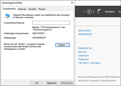 Vor der Installation bzw. der Inbetriebnahme des DCs sollte der Rechnername angepasst werden. So ist das System später besser identifizierbar.