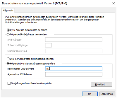 Sie Eigenschaften der IPv6-Schnittstelle und die überschriebenen Eigenschaften des DNS-Servers