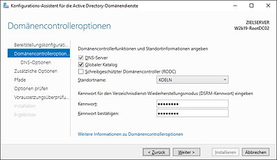 Domänencontrolleroptionen mit Standortzugehörigkeit und DSRM-Kennwort