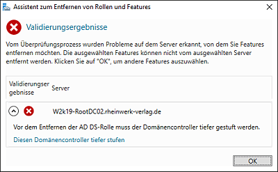 Hinweis des Assistenten, dass die Rolle erst entfernt werden kann, wenn der DC heruntergestuft ist.
